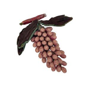Vintage Handmade Grape Cluster Brooch Pin With Beaded Texture & Green Leaves